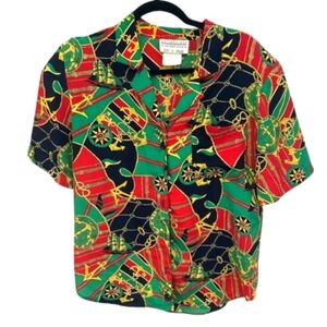 Vintage 1980's TanJay Nautical Versace Style  Patterned Button Down Top Size 6
